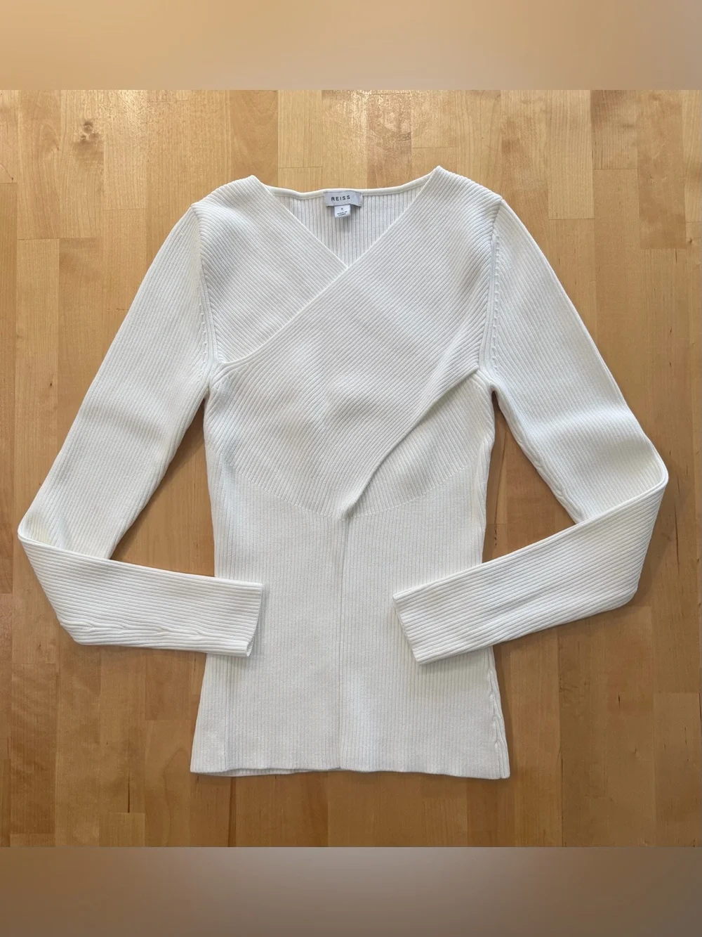Reiss Heidi Cream Ribbed Long Sleeve Wrap-Front Top - Picture 4 of 8